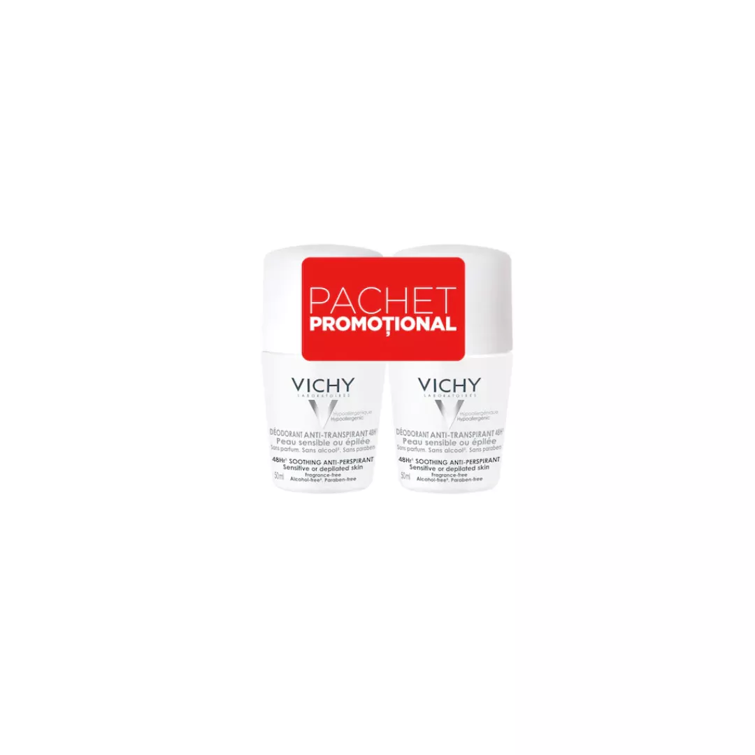 Pachet: Roll-on Deo fara parfum, eficacitate 48h, 2 x 50ml, Vichy, [],farmaciabajan.ro