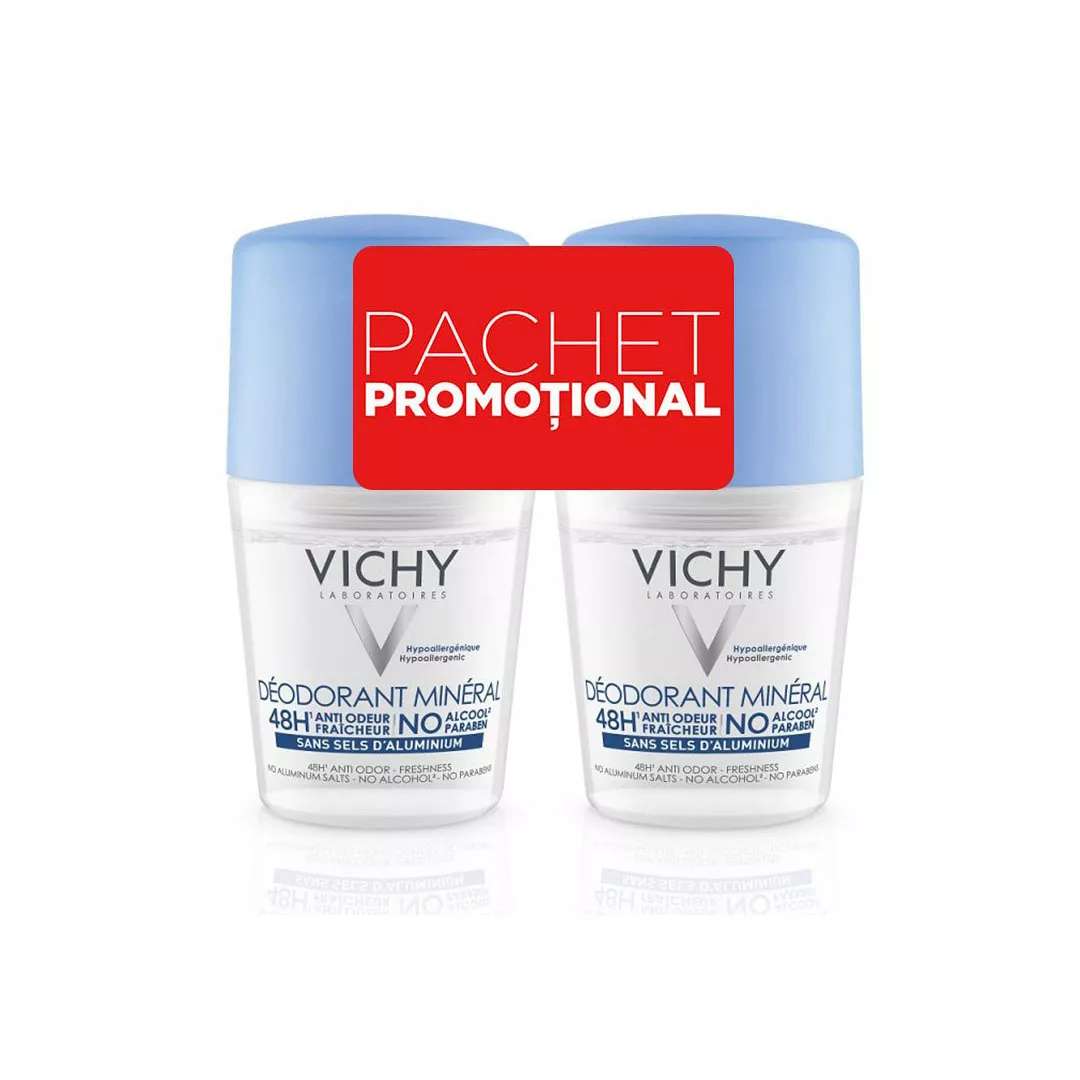 Pachet: Roll-on Deo Mineral, eficacitate 48h, 2 x 50ml, Vichy, [],farmaciabajan.ro