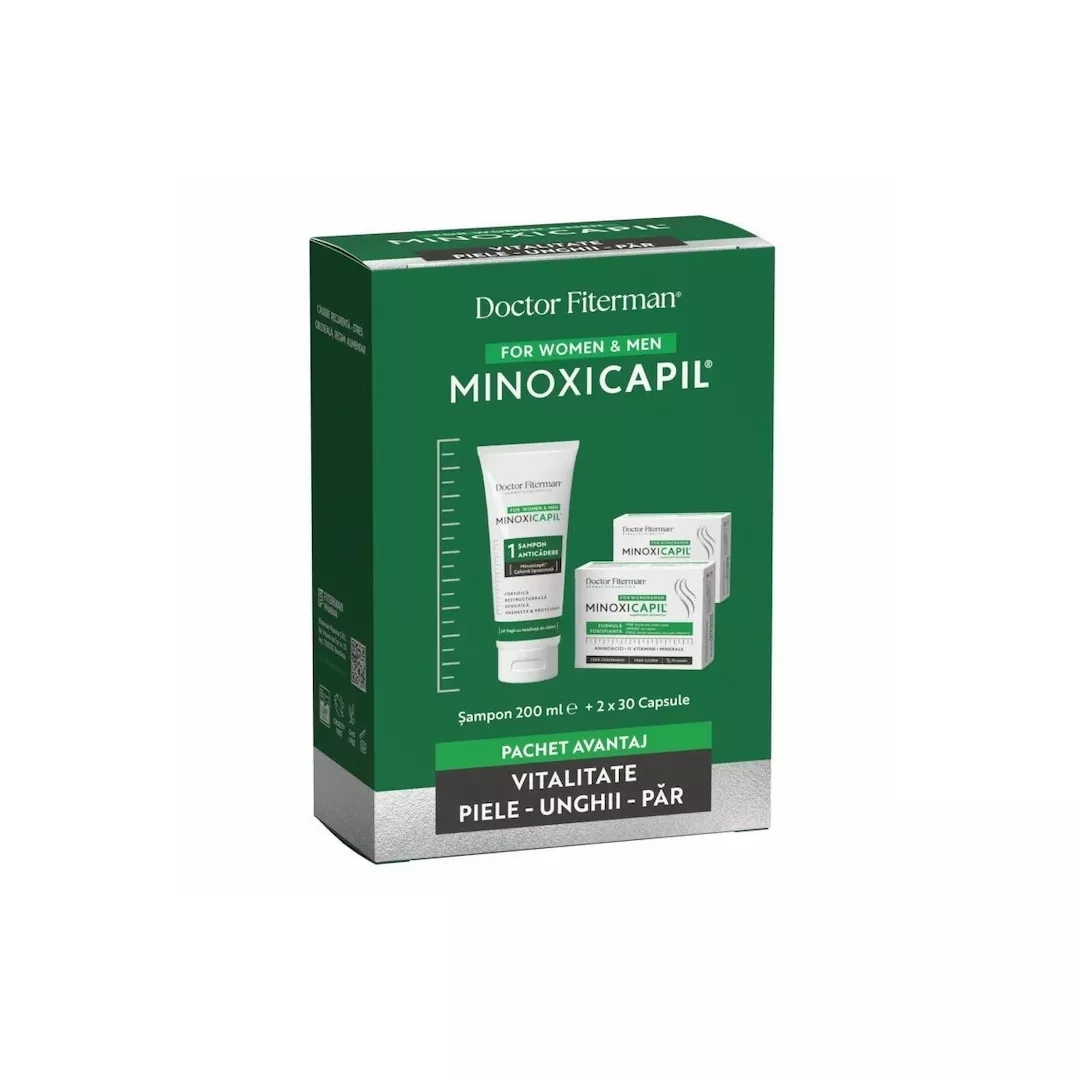 Pachet: Sampon impotriva caderii parului Minoxicapil, 200 ml + Minoxicapil, 30 capsule, 2 cutii, Fiterman, [],farmaciabajan.ro
