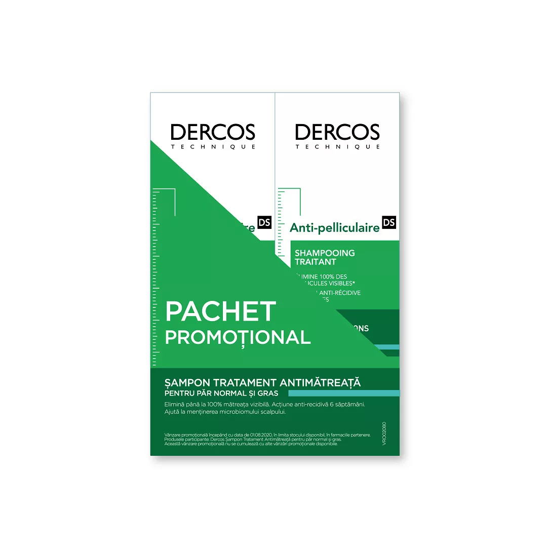 Pachet: Sampon tratament anti-matreata pentru par normal-gras Dercos, 200 ml + 200 ml, Vichy, [],farmaciabajan.ro