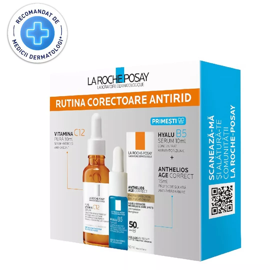 Pachet: Serum Vitamina C12 Pura 30ml + Anthelios Age Correct 15ml + Hyalu B5 Serum 10ml, La Roche Posay, [],farmaciabajan.ro
