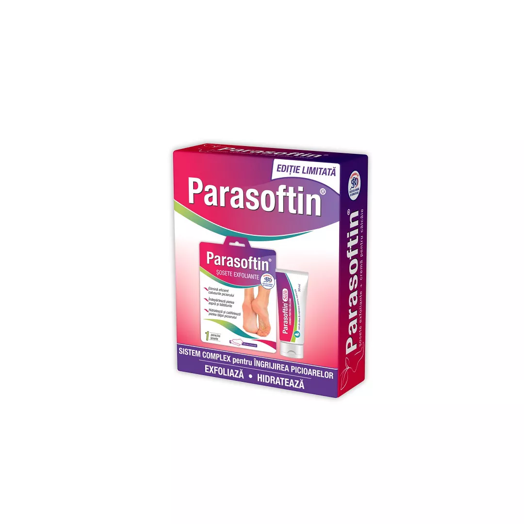 Pachet Sosete exfoliante Parasoftin, 1 pereche + Crema pentru calcaie Silk Parasoftin, 50ml, Zdrovit, [],farmaciabajan.ro