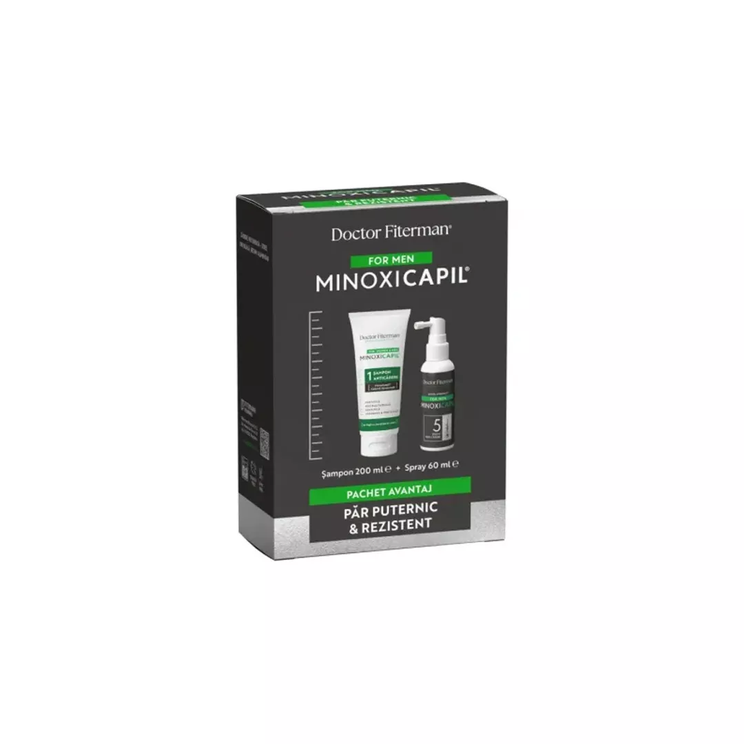 Pachet: Spray impotriva caderii parului pentru barbati Minoxicapil, 60 ml + Sampon impotriva caderii parului Minoxicapil, 200 ml, Fiterman, [],farmaciabajan.ro