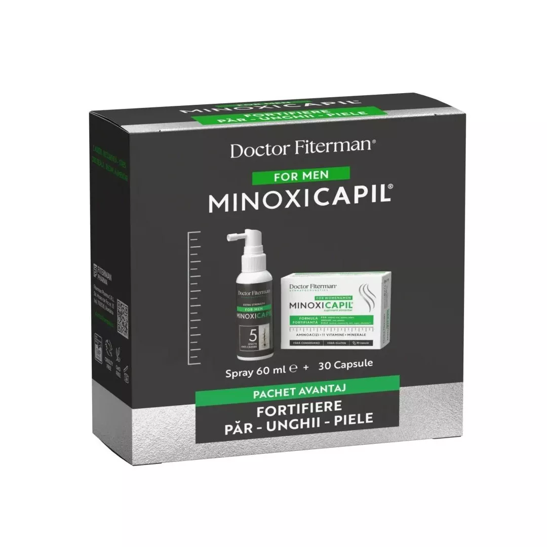 Pachet: Spray impotriva caderii parului pentru barbati Minoxicapil, 60ml + Minoxicapil, 30 capsule, Fiterman, [],farmaciabajan.ro