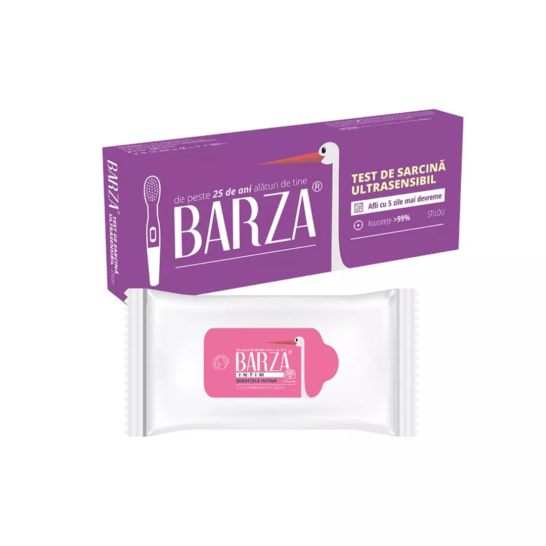 Pachet: Test de sarcina ultrasensibil stilou x 1 bucata + Servetele umede x 20 bucati, Barza, [],farmaciabajan.ro