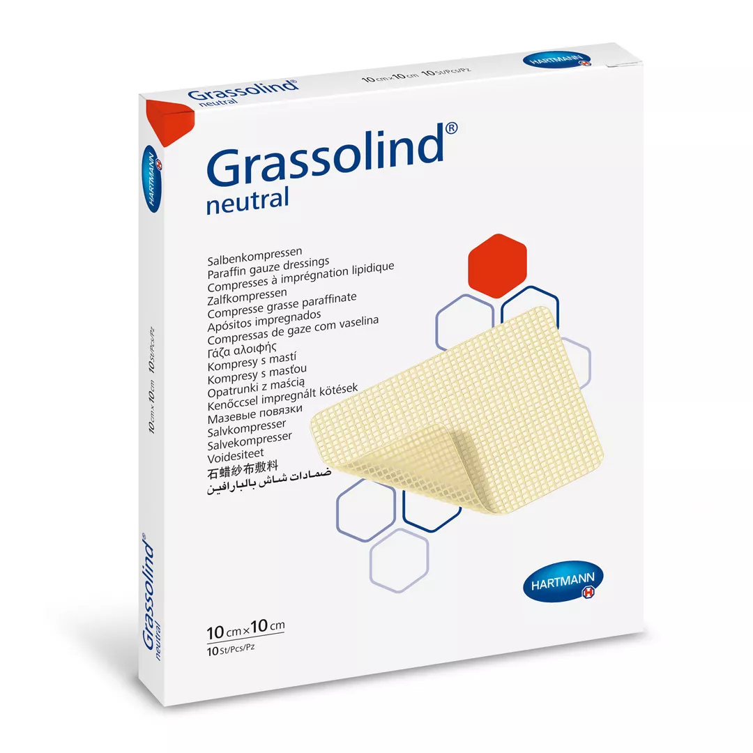 Pansament din plasa cu ochiuri mari, impregnat cu unguent, Grassolind, 10 x 10 cm, 1 cutie/10 bucati, Hartmann, [],farmaciabajan.ro