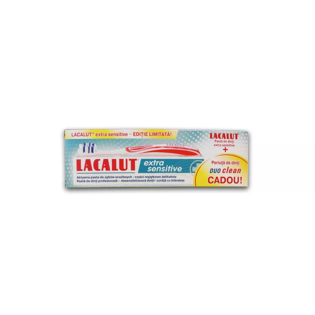 Pasta de dinti Lacalut extra sensitive, 75 ml + periuta sensitive Cadou, [],farmaciabajan.ro