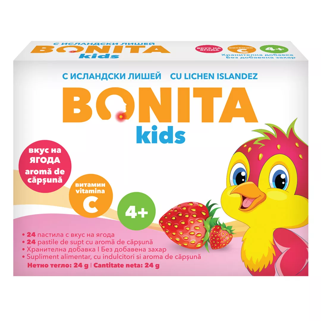 Pastile de supt cu aroma de capsuna pentru copii, 24 bucati, Bonita, [],farmaciabajan.ro