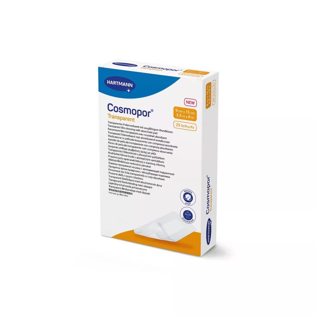 Plasture Cosmopor transparent cu compresa sterila 9 x 15 cm, 25 bucati, Hartmann, [],farmaciabajan.ro