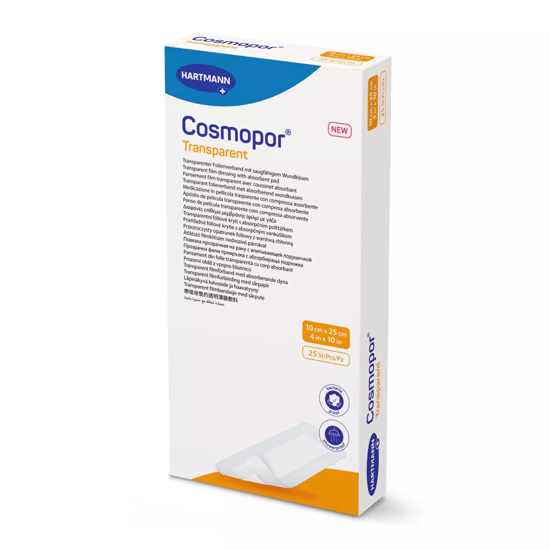 Plasture transparent cu compresa sterila Cosmopor Transparent 901059, 10 cm x 25 cm, 25 bucati, Hartmann, [],farmaciabajan.ro