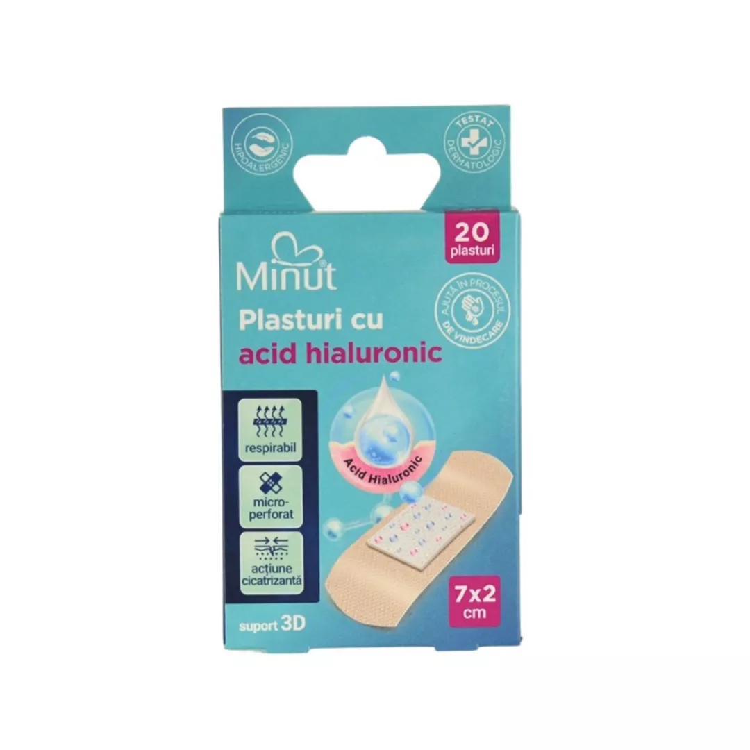Plasturi cu Acid Hialuronic, 7 x 2 cm, 20 bucati/cutie, Minut, [],farmaciabajan.ro