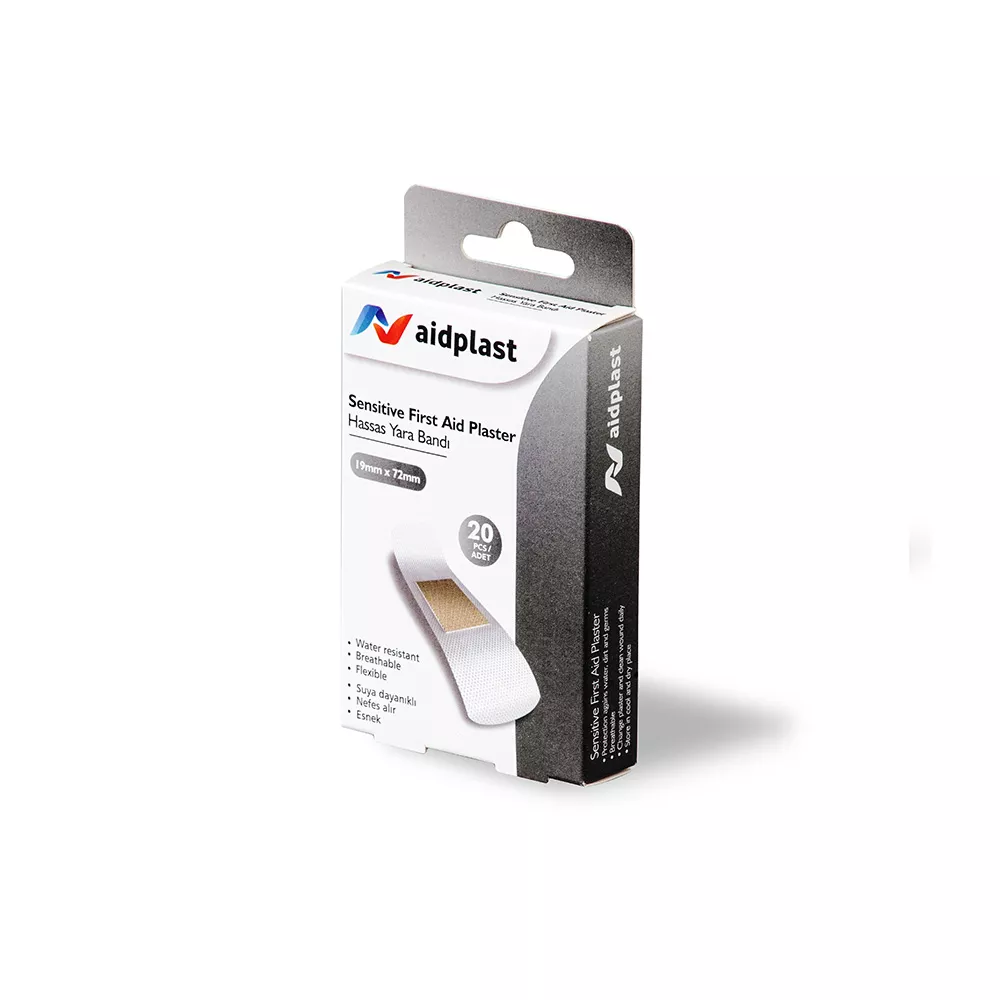 Plasturi de prim ajutor pentru Piele sensibilă 19mmx72mm Pe, 20 buc/cutie, Aidplast, [],farmaciabajan.ro