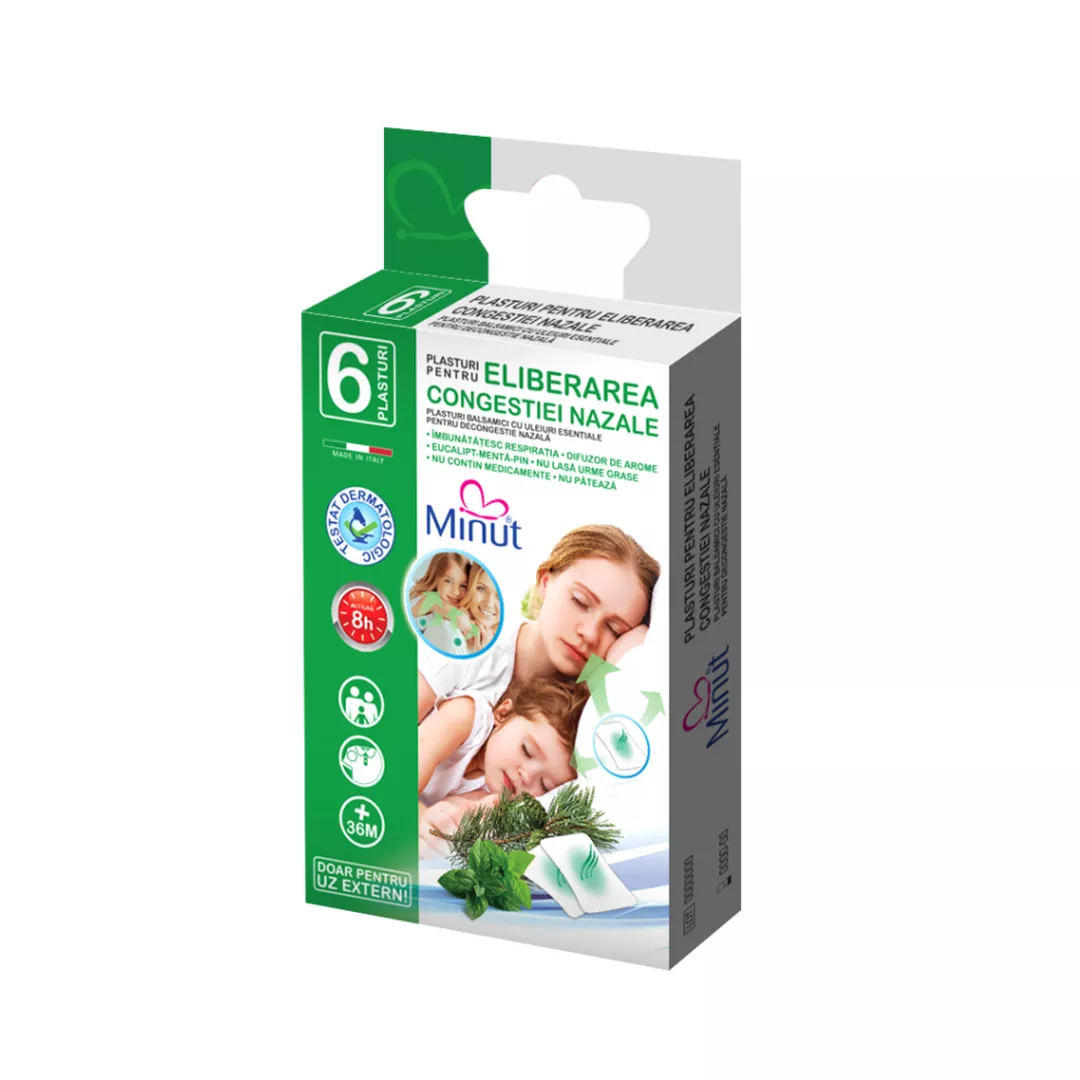 Plasturi pentru eliberarea congestiei nazale, 6 bucati/cutie, Minut, [],farmaciabajan.ro