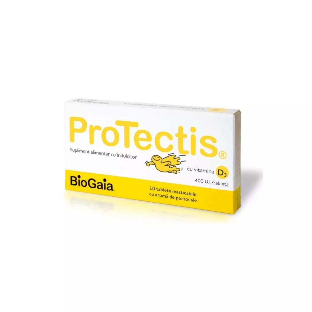 Protectis cu Vitamina D3 400UI aroma de portocale, 10 tablete masticabile, BioGaia, [],farmaciabajan.ro