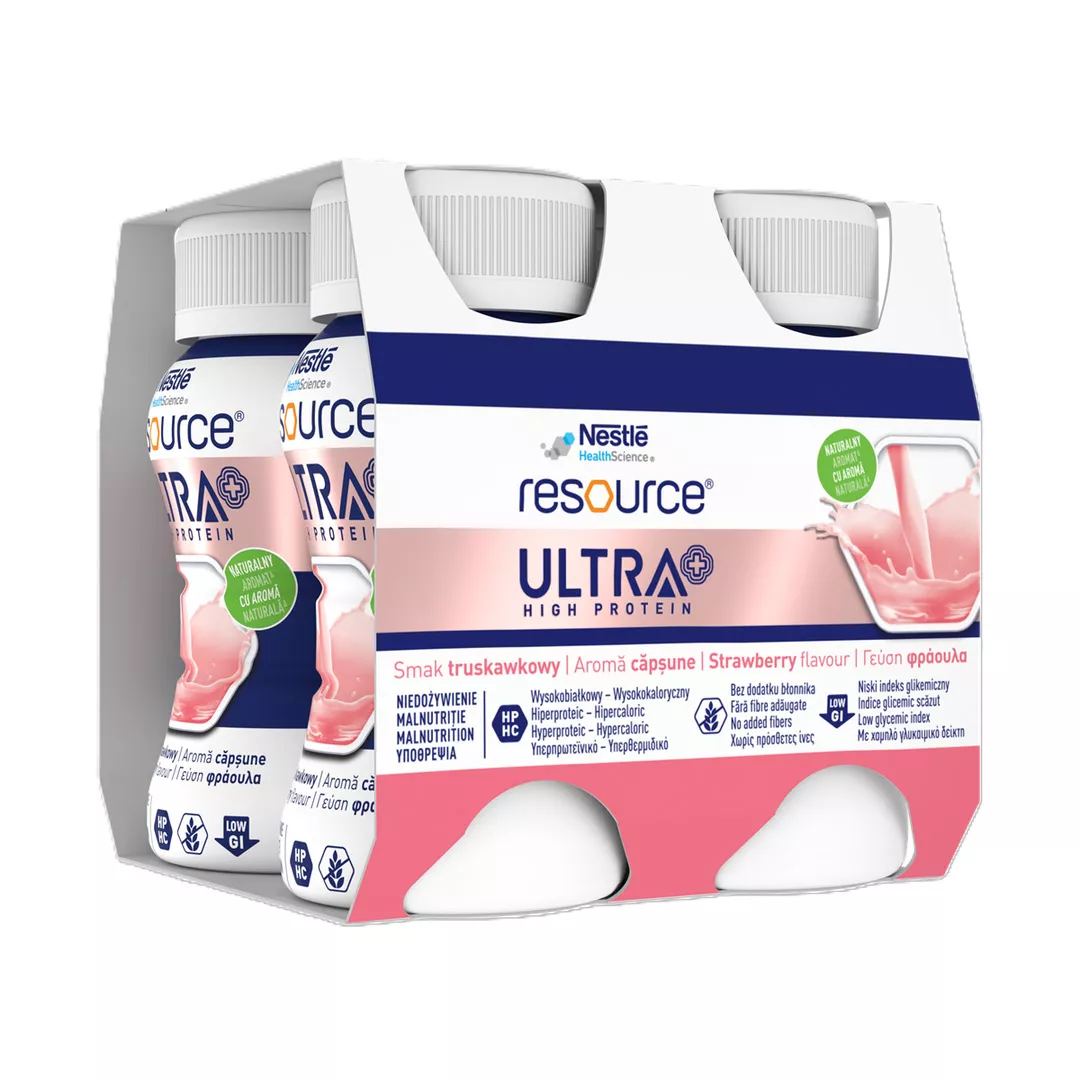 Resource Ultra+ High Protein cu aroma de capsuni, 4 x 125 ml, Nestle, [],farmaciabajan.ro