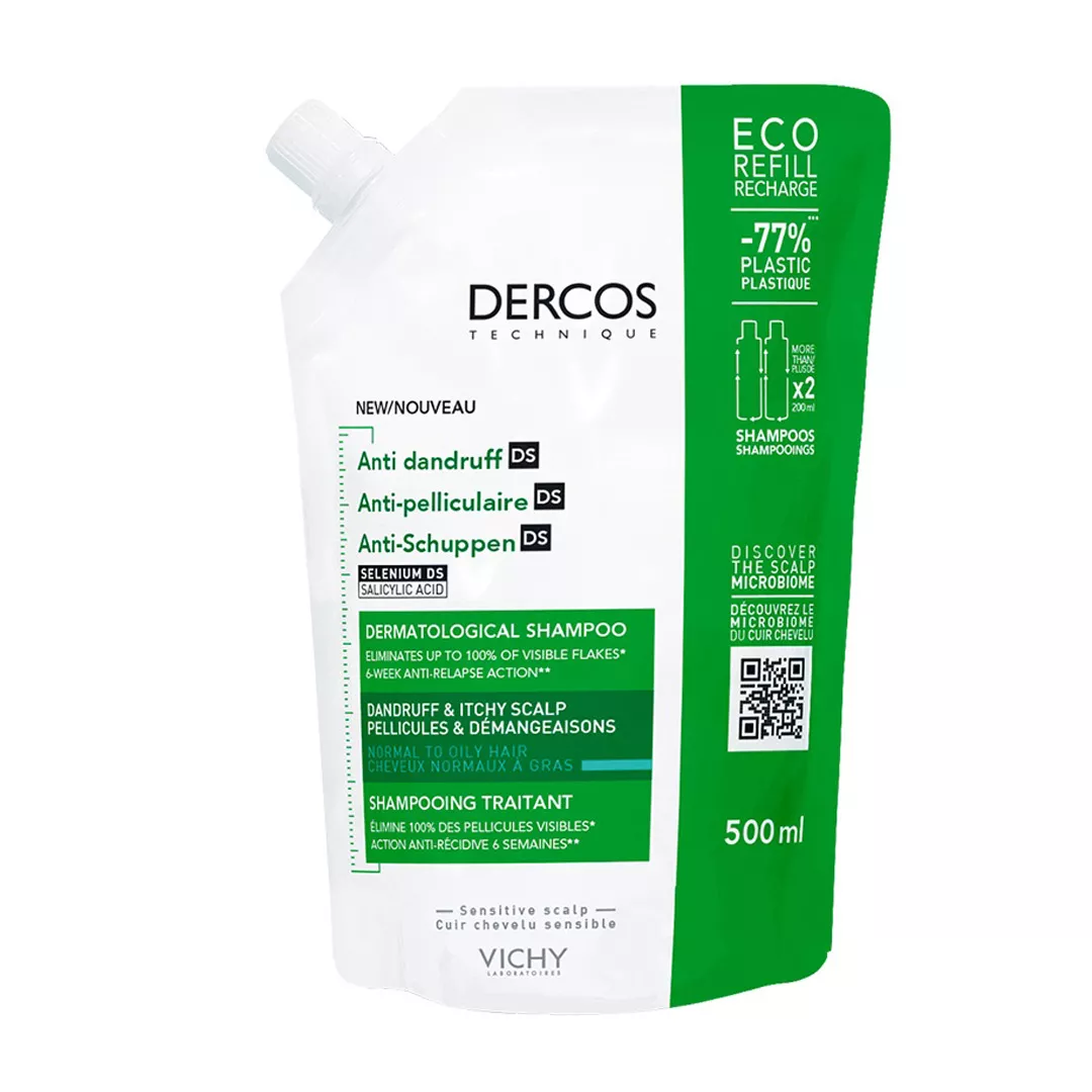 Rezerva eco sampon anti-matreata pentru par normal-gras Dercos, 500 ml, Vichy, [],farmaciabajan.ro