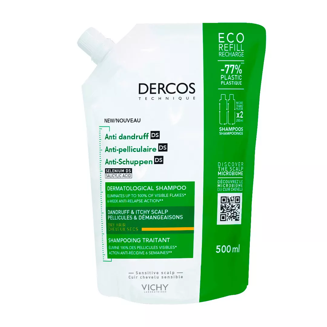 Rezerva eco sampon anti-matreata pentru par normal-uscat Dercos, 500 ml, Vichy, [],farmaciabajan.ro