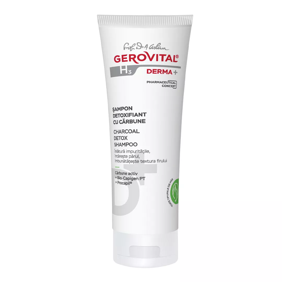 Sampon detoxifiant cu carbune H3 Derma+, 200 ml, Gerovital, [],farmaciabajan.ro
