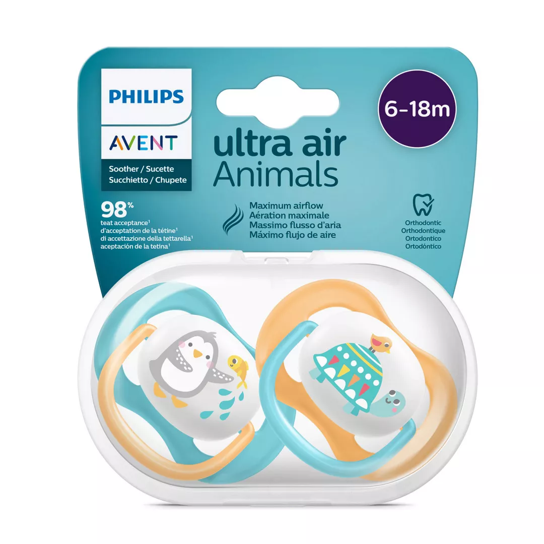 Set 2 suzete Ultra Air, SCF 080/07, ortodontica, 6-18 luni, albastru/galben, Philips Avent, [],farmaciabajan.ro