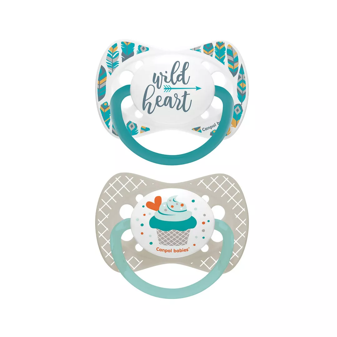 Set 2 suzete „Wild Nature + Cupcake“ cu tetina simetrica silicon, fara BPA, 0-6 luni, gri, 23/954, Canpol, [],farmaciabajan.ro
