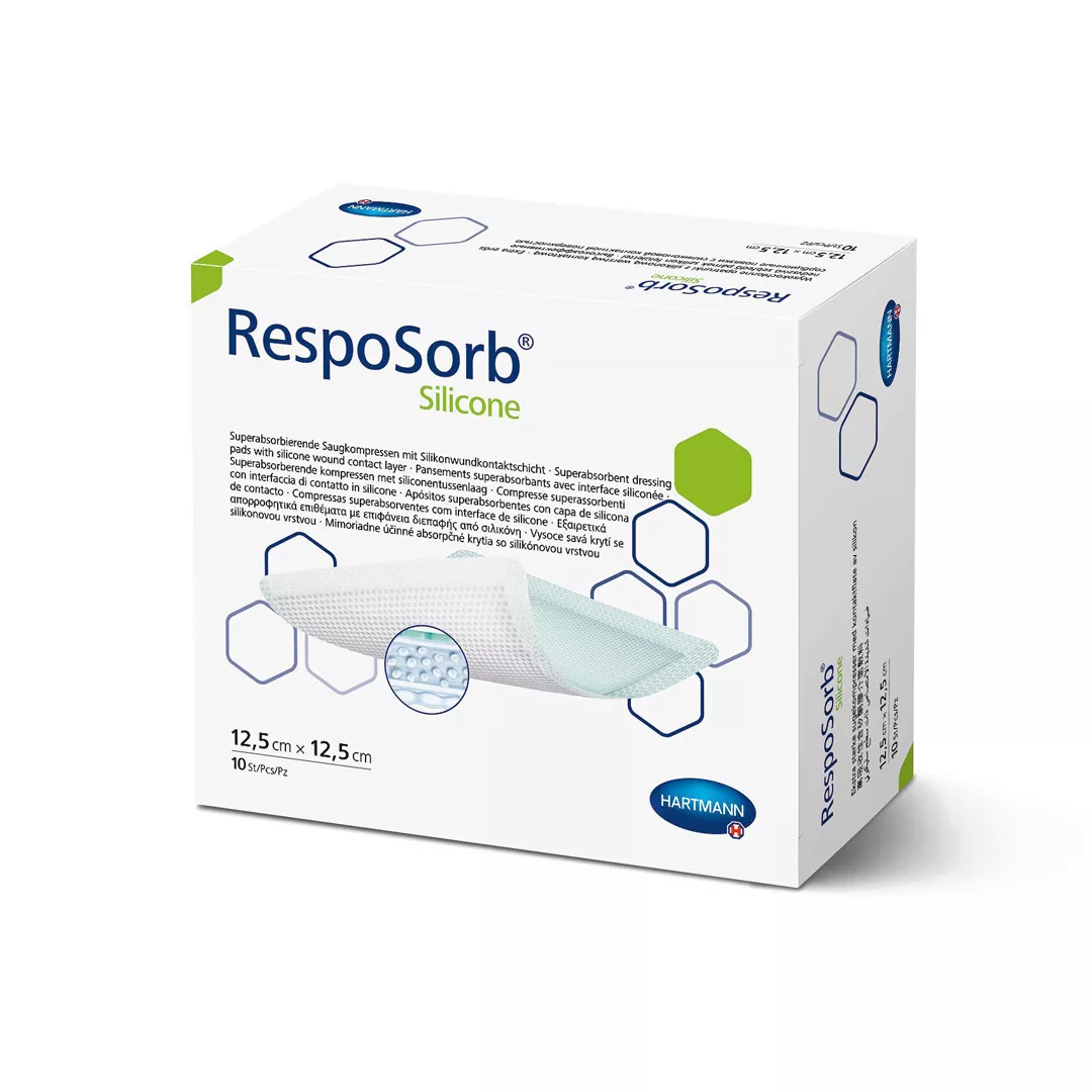 Set pansamente superabsorbante cu interfata de silicon (corp absorbant =10,5x10,5cm) Resposorb Silicone 12,5x12,5cm, 10 bucati, Hartmann, [],farmaciabajan.ro