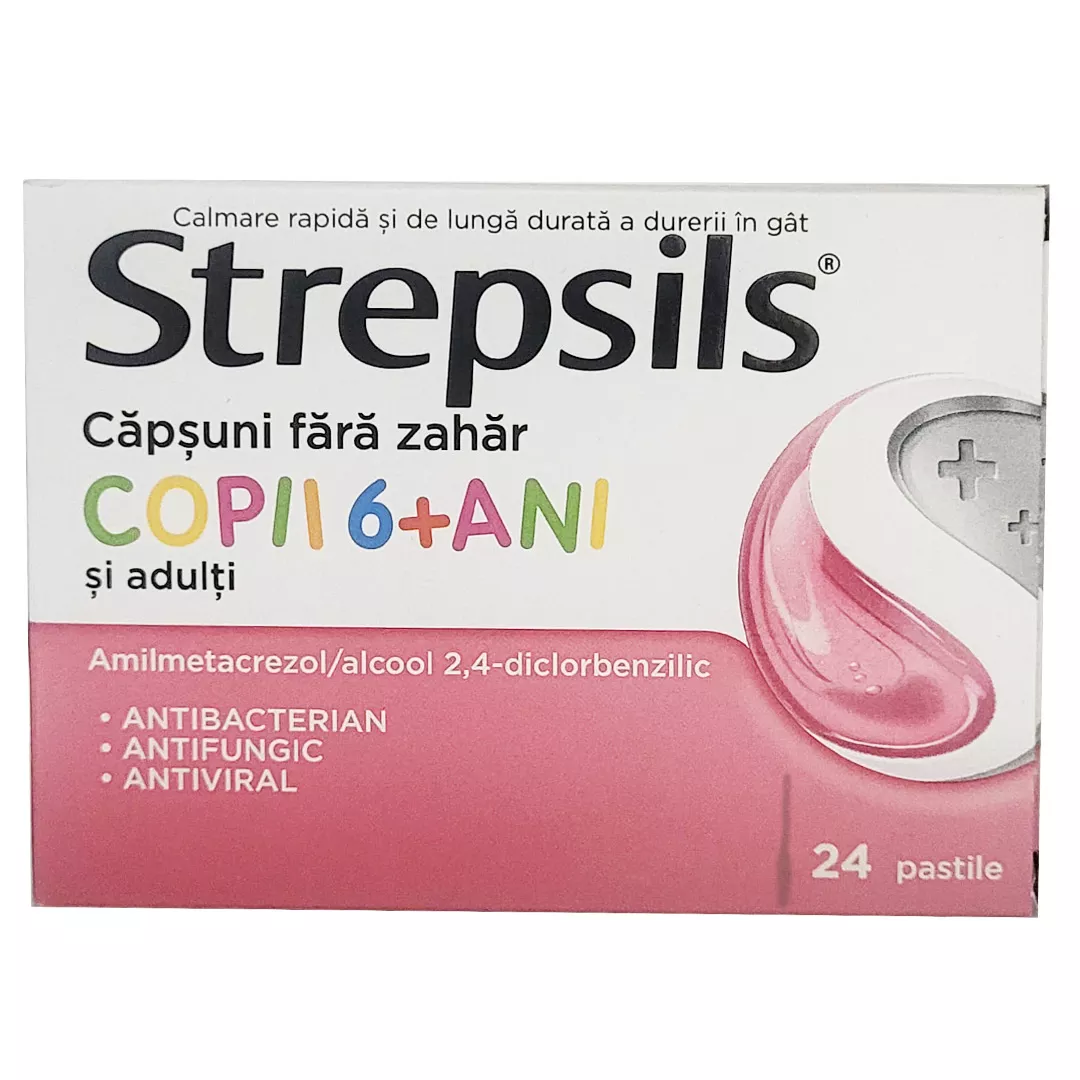 Strepsils cu aroma de capsuni fara zahar copii 6+ ani, 24 pastile, Reckitt Benckiser Healthcare, [],farmaciabajan.ro