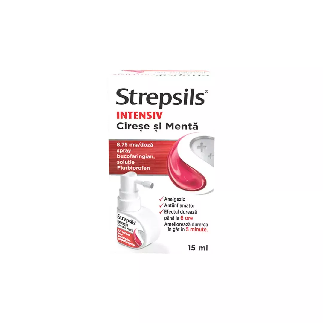 Strepsils Intensiv cirese si menta, spray bucofaringian, solutie, 8,75 mg/doza, 15 ml, Reckitt Benckiser Healthcare, [],farmaciabajan.ro