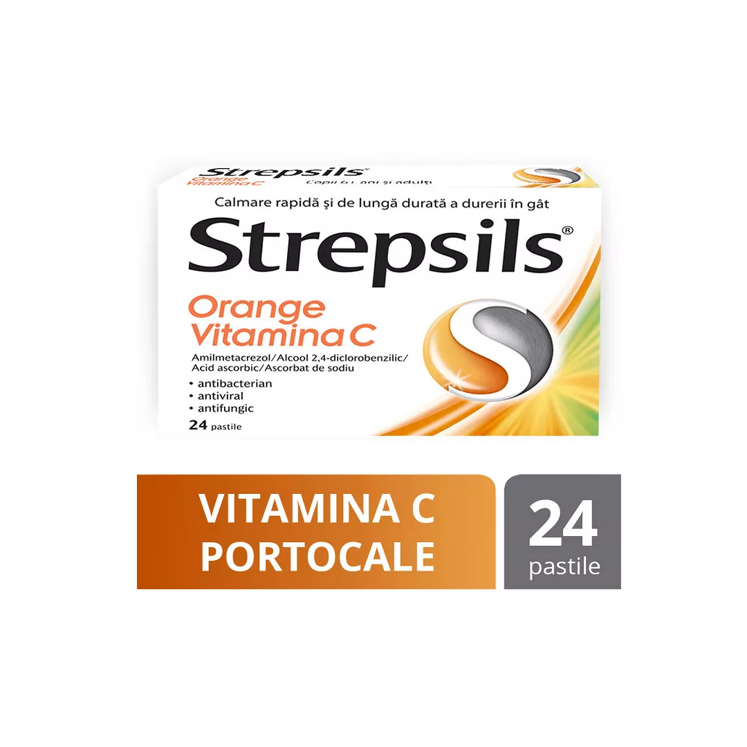Strepsils Orange Vitamina C, 24 comprimate, Reckitt Benckiser Healthcare, [],farmaciabajan.ro
