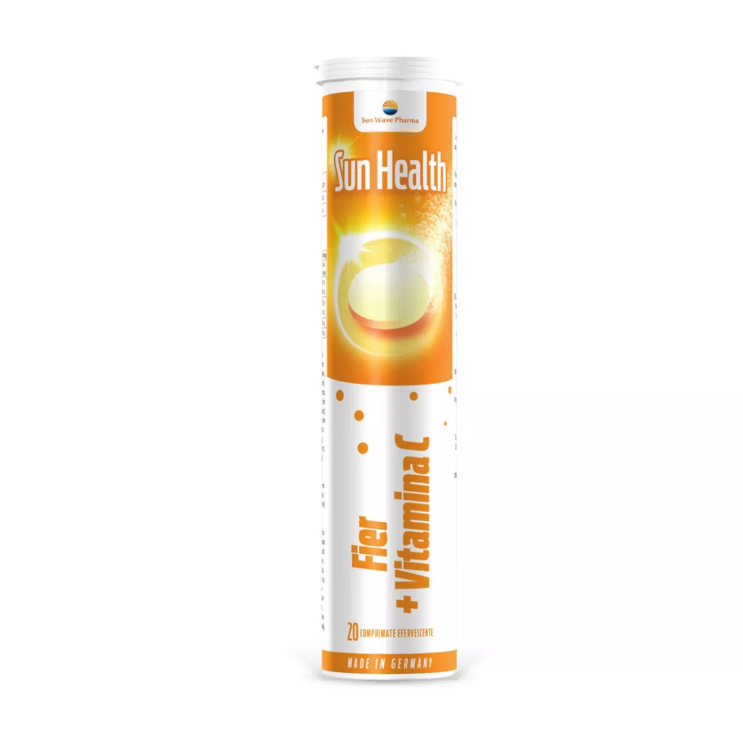 Fier + Vitamina C Sun Health, 20 comprimate efervescente, Sun Wave Pharma, [],farmaciabajan.ro