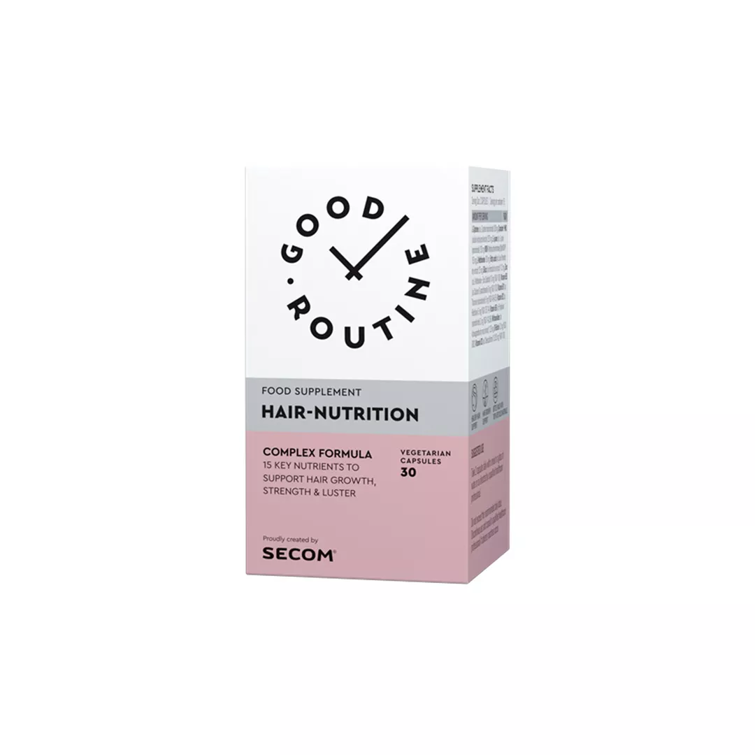 Supliment pentru pentru sustinerea cresterii rezistentei, hidratarii si elasticitatii parului Hair Nutrition Good Routine, 30 capsule vegetale, Secom, [],farmaciabajan.ro