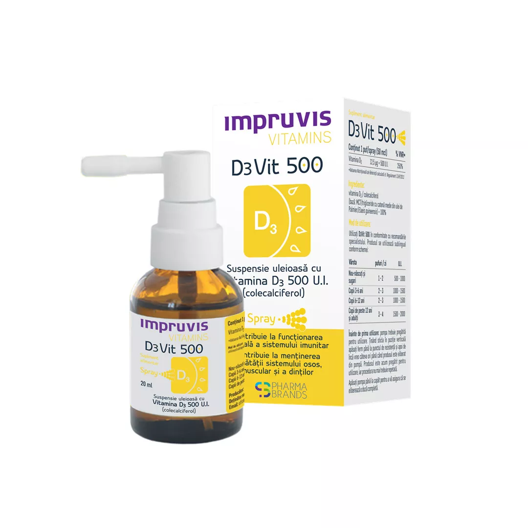 Suspensie uleioasa cu Vitamina D3 500 U.I. spray Impruvis D3Vit, 20 ml, Pharma Brands, [],farmaciabajan.ro
