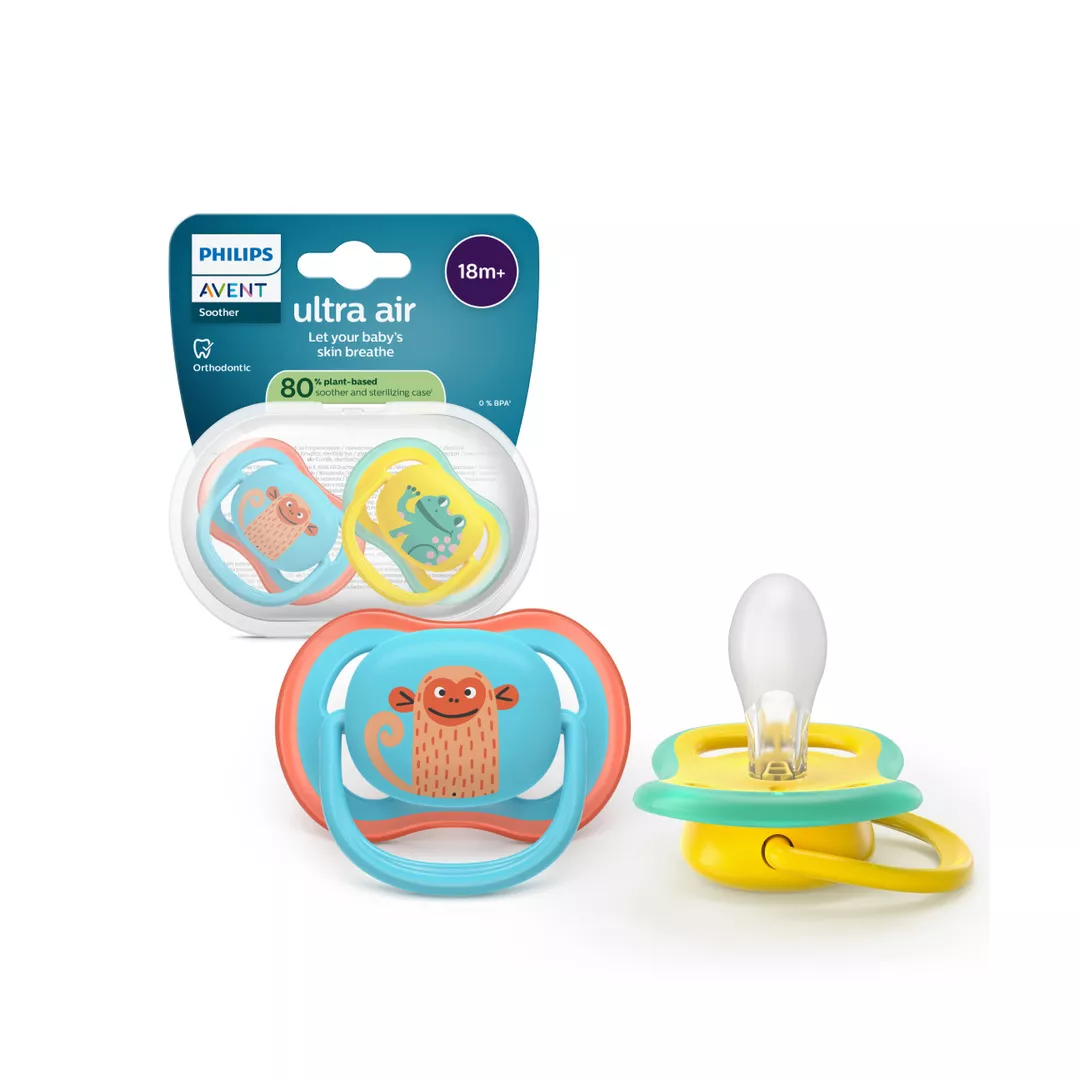 Suzeta Ultra Air Pacifier Philips Avent, Albastru/Galben, 18 luni+, SCF349/58, 2 bucati, Philips, [],farmaciabajan.ro