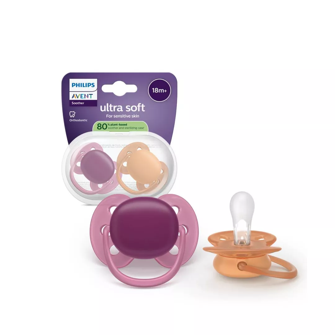 Suzeta Ultra Soft Pacifier Philips Avent, Mov/Portocaliu, 18 luni+, SCF093/03, 2 bucati, Philips, [],farmaciabajan.ro