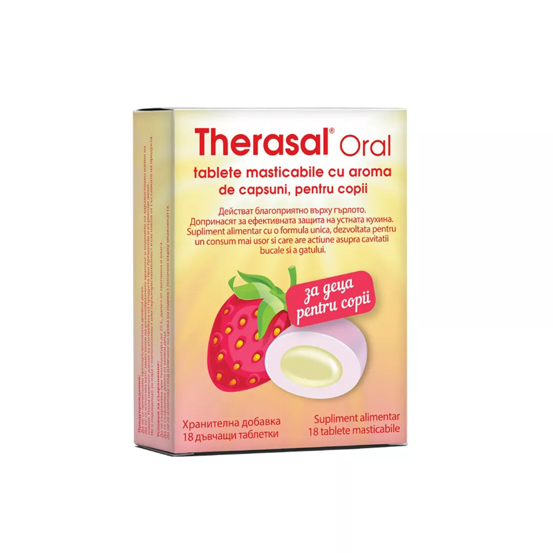 Tablete masticabile cu aroma de capsuni Therasal Oral, 18 bucati, Vedra, [],farmaciabajan.ro