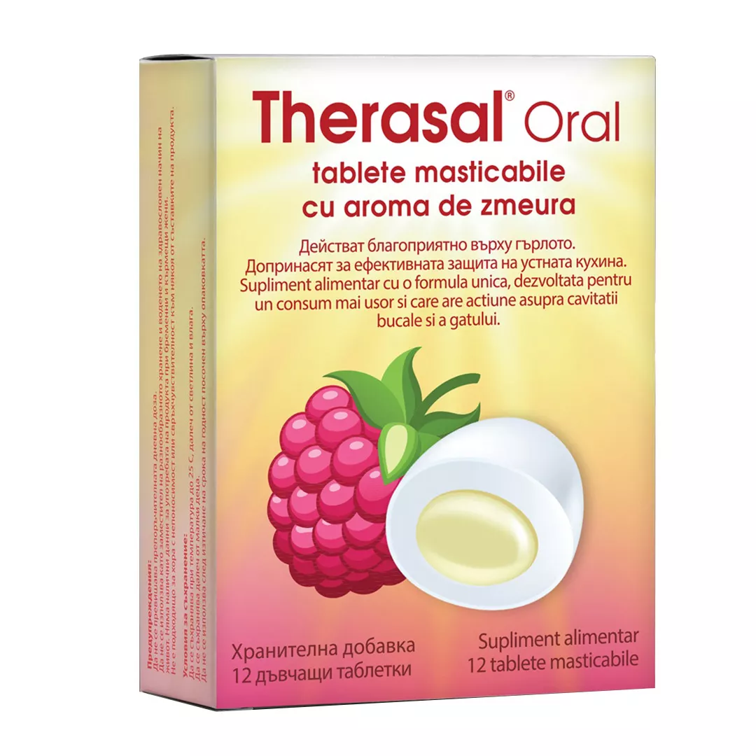 Tablete masticabile cu aroma de zmeura Therasal Oral, 12 tablete, Vedra, [],farmaciabajan.ro