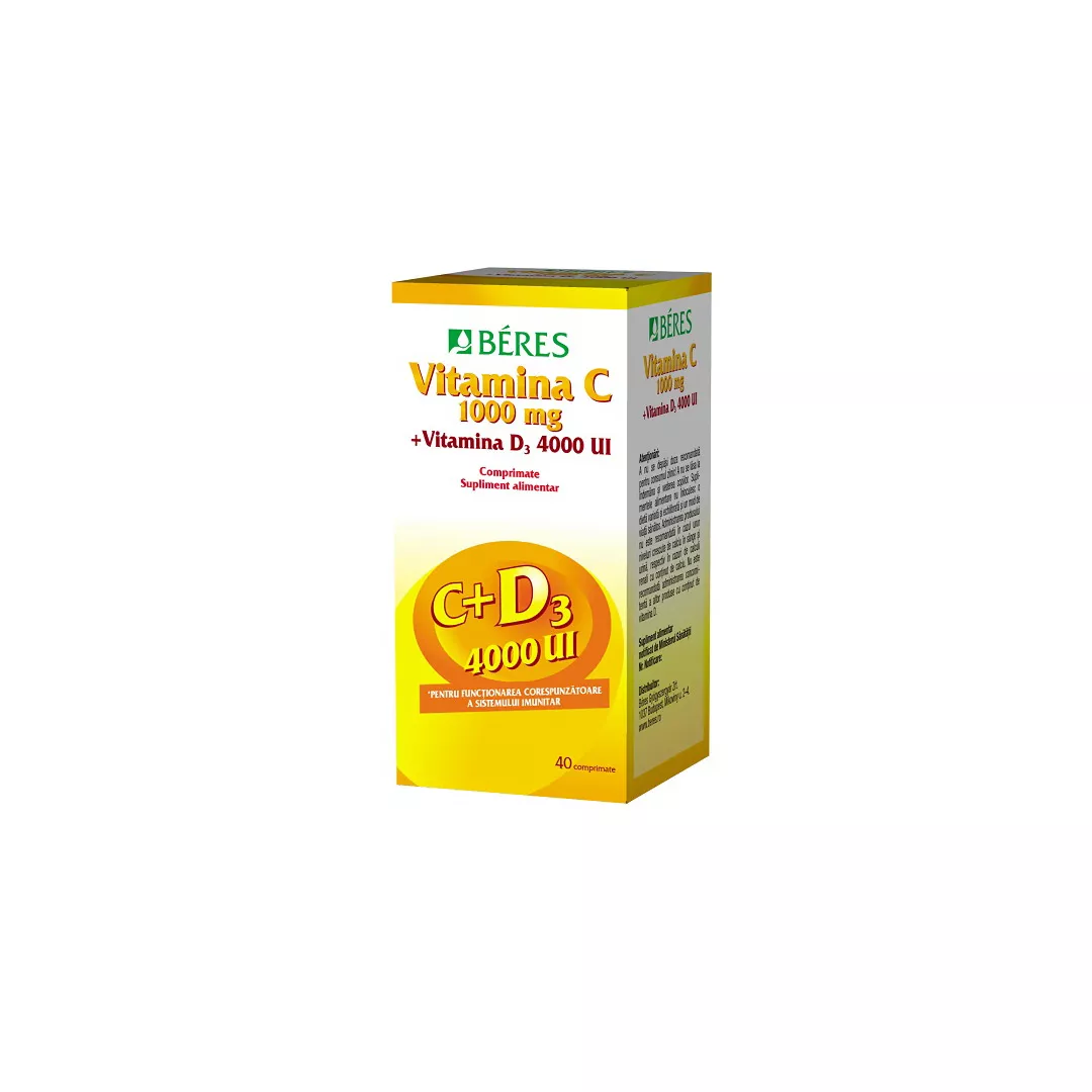 Vitamina C 1000mg + Vitamina D3 4000 UI, 40 comprimate, Beres Pharmaceuticals, [],farmaciabajan.ro