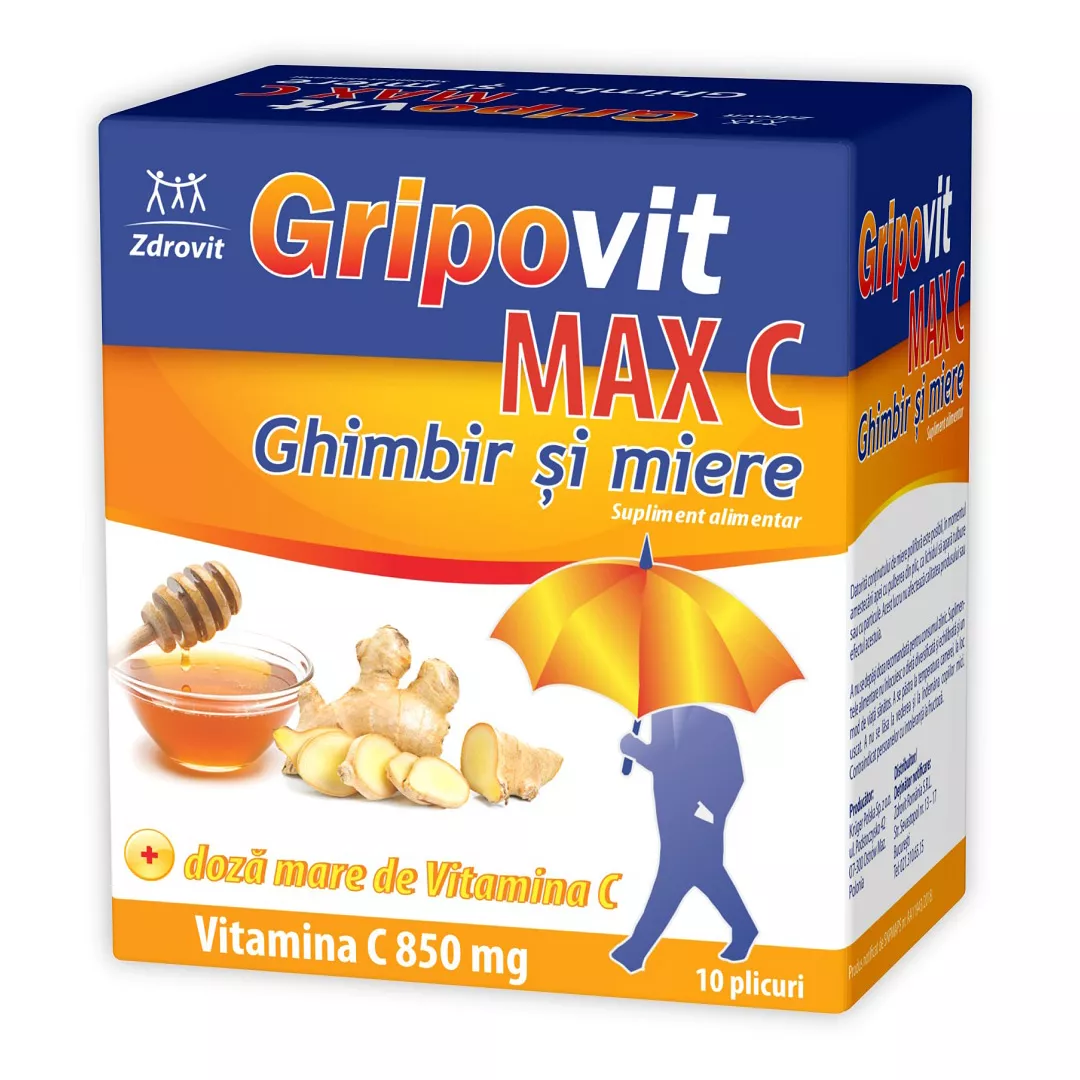 Gripovit Max C ghimbir si miere, 10 plicuri, Zdrovit, [],farmaciabajan.ro