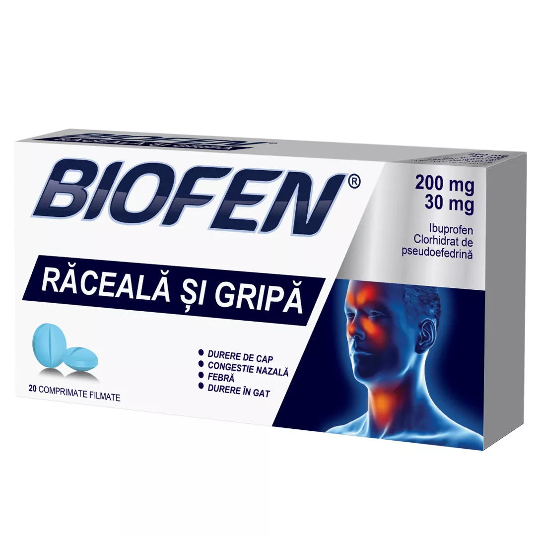 Biofen raceala si gripa 200 mg/30 mg, 20 comprimate filmate, Biofarm ...