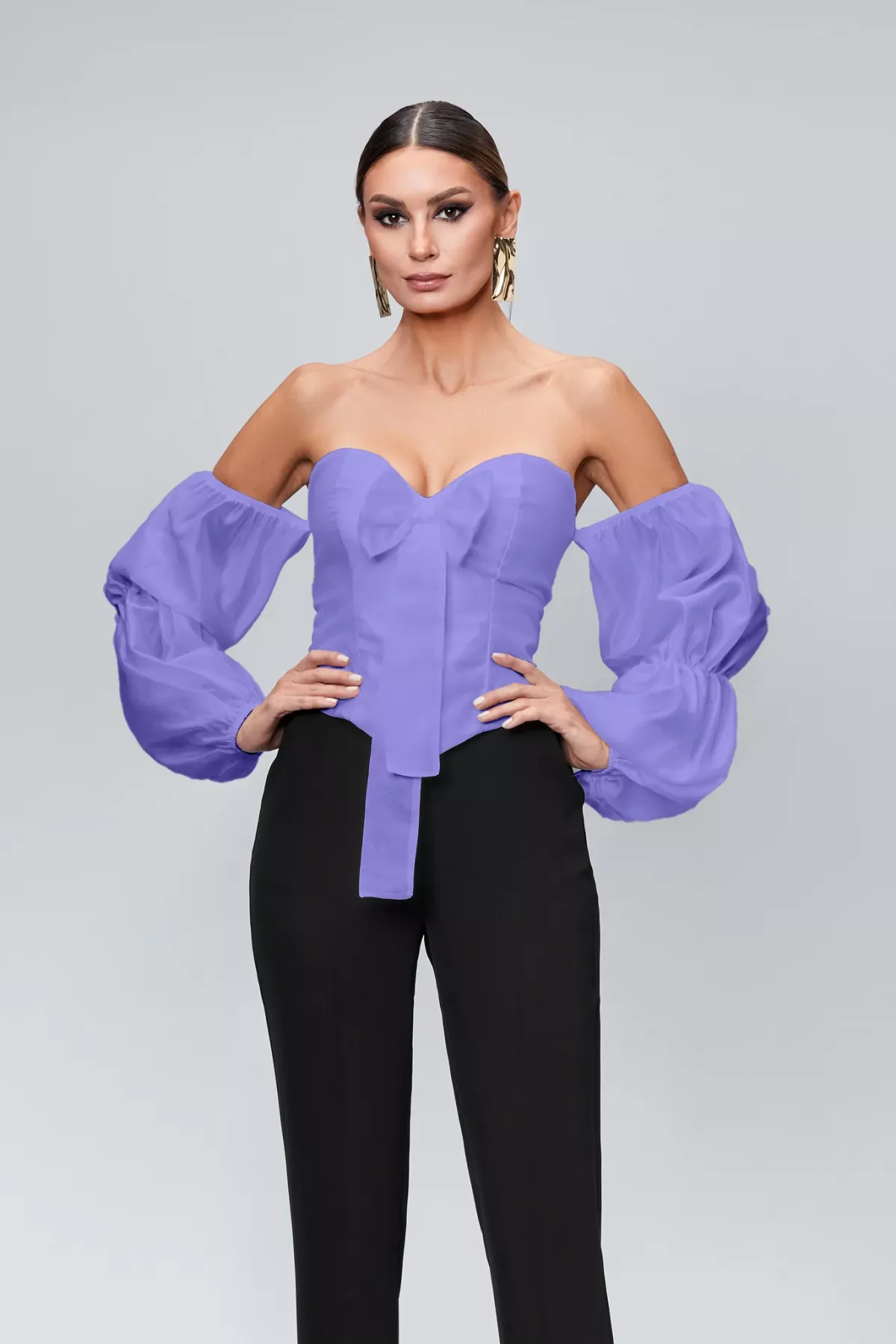 Corset lila, din poplin, cu maneci bufante si funda BBY 20366