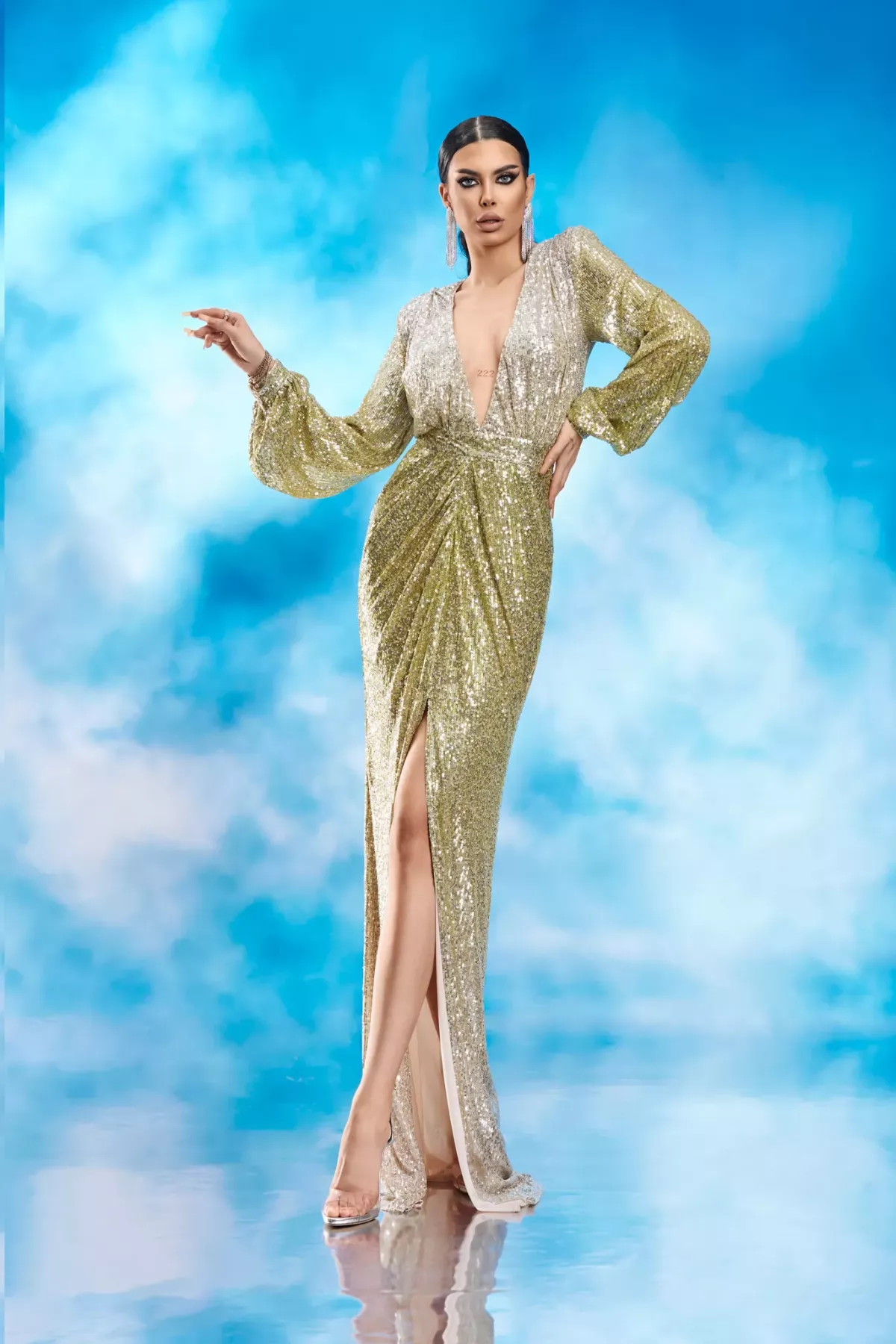 Rochie eleganta tip sirena din paiete in degrade galben cu argintiu BBY 20066