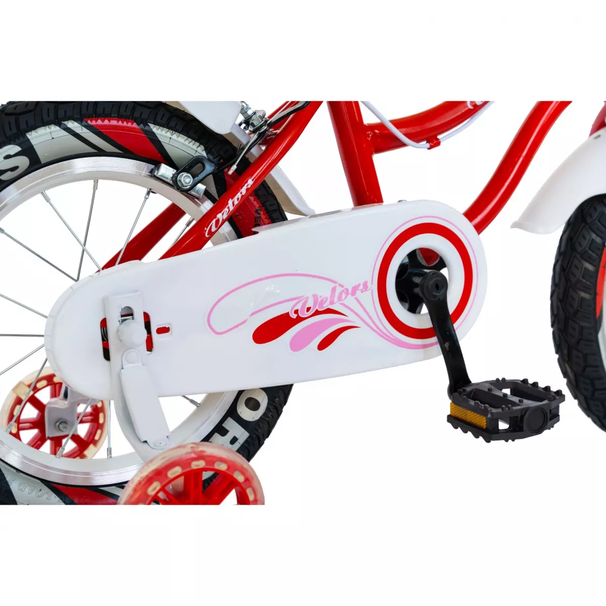 Bicicleta fete VELORS V1402A, roata 14", C-Brake, roti ajutatoare, 3-5 ani, rosu/alb 
