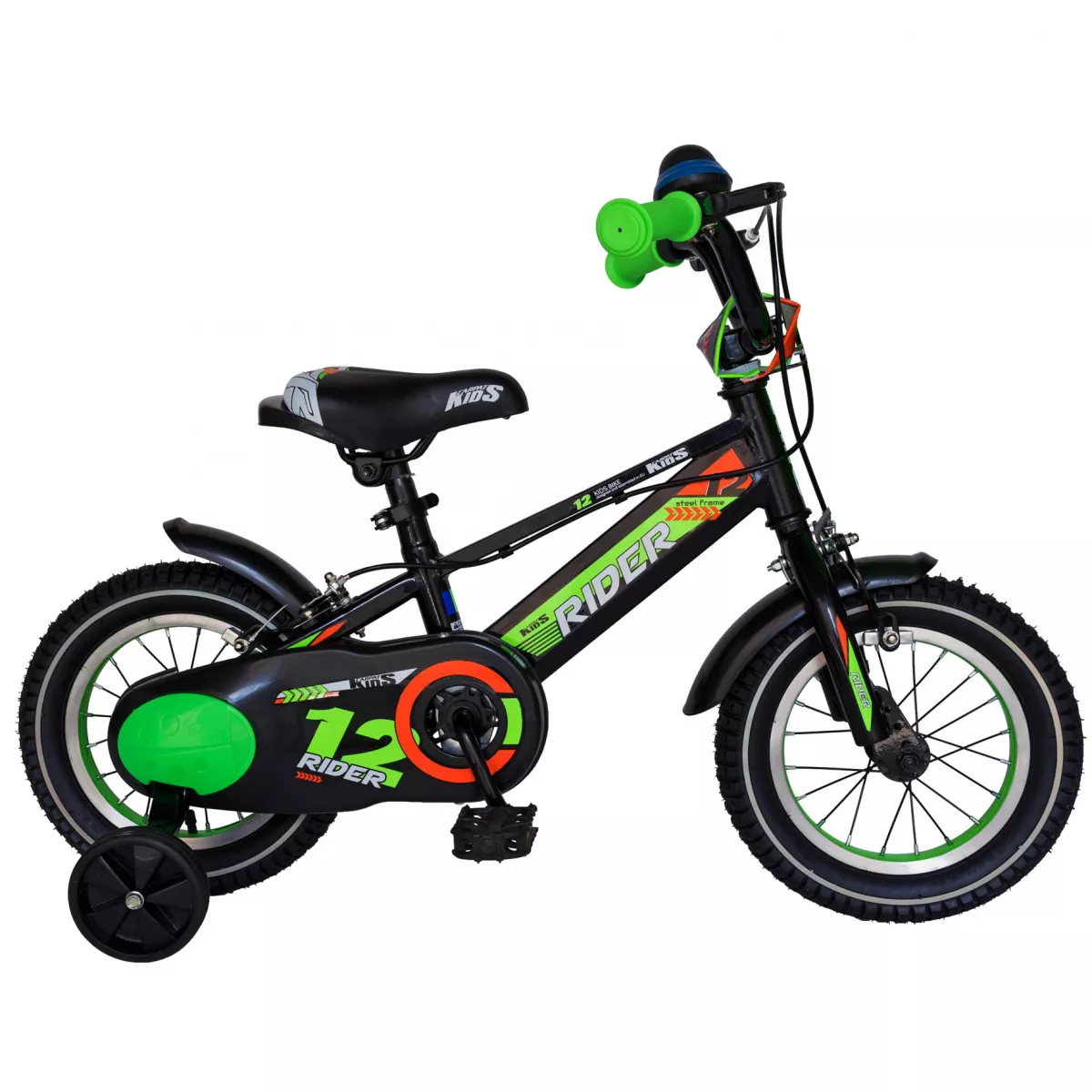 Bicicleta baieti CARPAT RIDER C1207C, roata 12", V-Brake, roti ajutatoare, 2-4 ani, negru/verde 