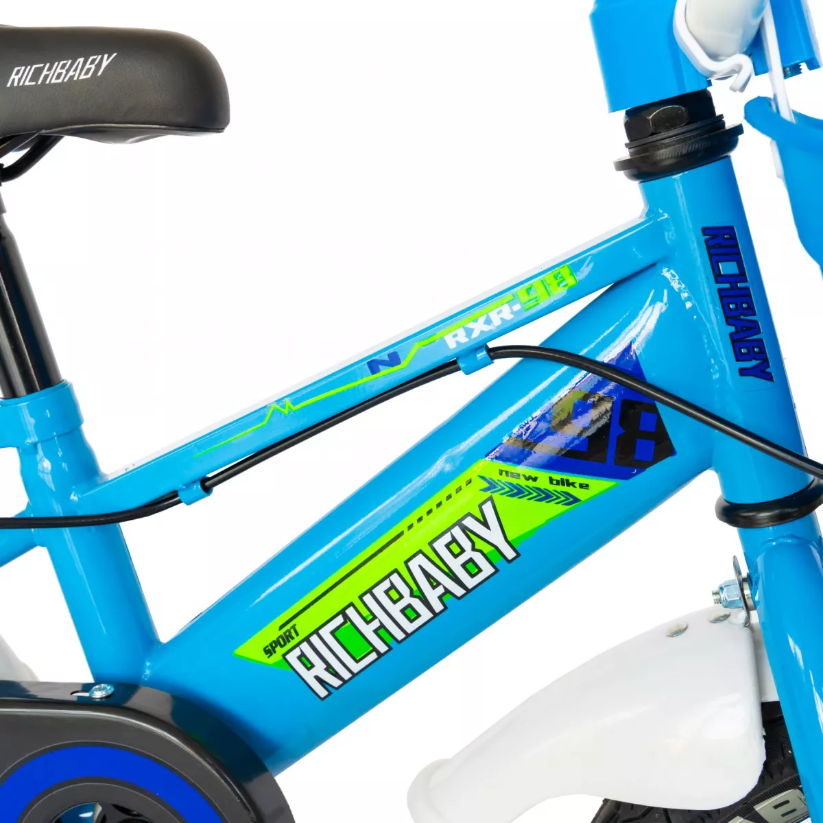 Bicicleta baieti Rich Baby R1407A, roata 14", C-Brake, roti ajutatoare cu LED, 3-5 ani, albastru/verde 