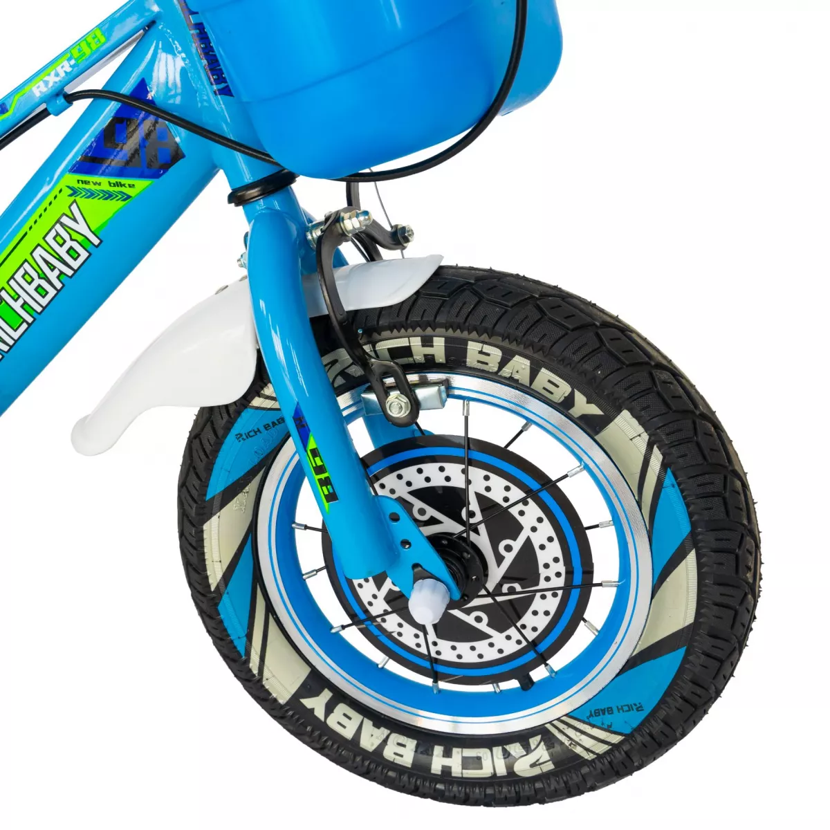Bicicleta baieti Rich Baby R1407A, roata 14", C-Brake, roti ajutatoare cu LED, 3-5 ani, albastru/verde 