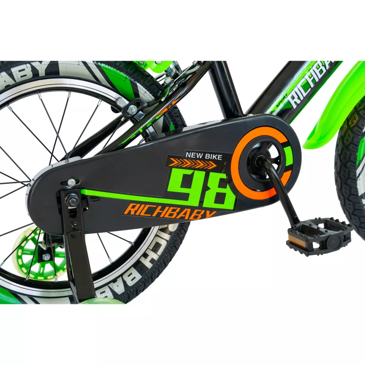 Bicicleta baieti Rich Baby R1607A, roata 16", C-Brake otel,  roti ajutatoare cu LED, 4-6 ani, negru/verde