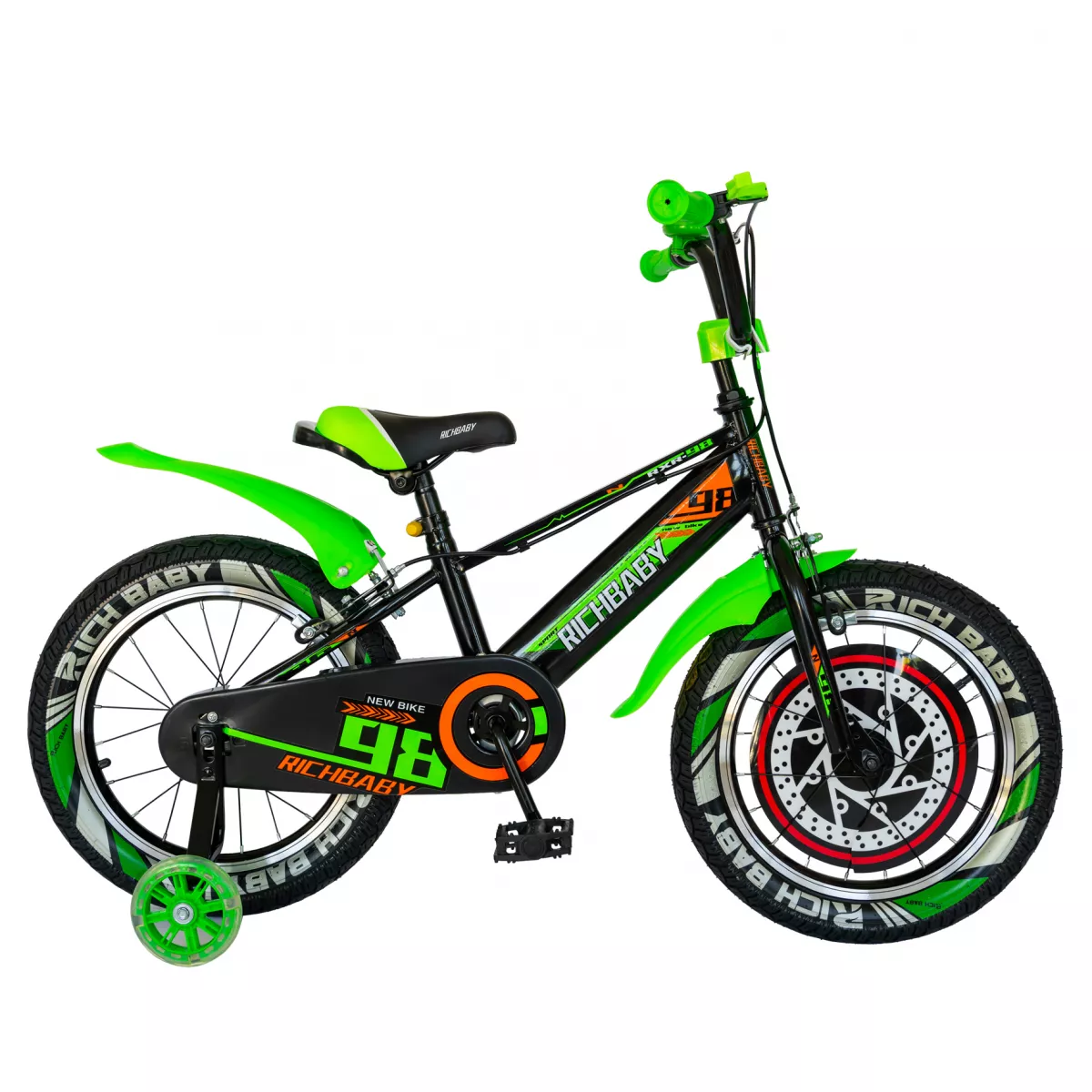Bicicleta baieti Rich Baby R1607A, roata 16", C-Brake otel,  roti ajutatoare cu LED, 4-6 ani, negru/verde