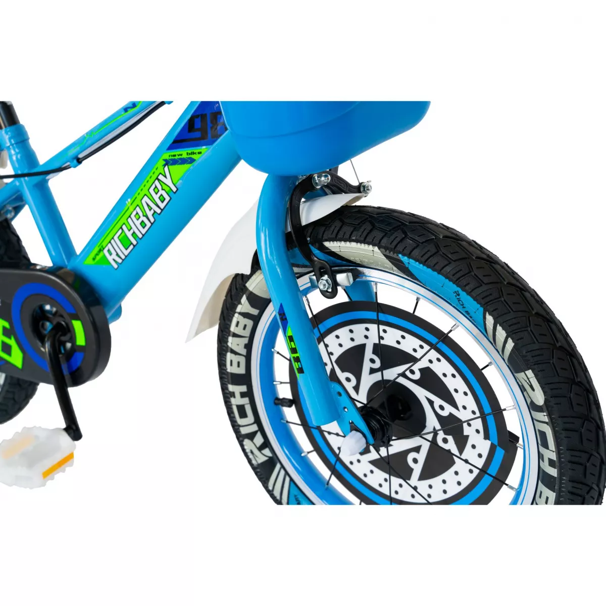 Bicicleta baieti Rich Baby R1807A, roata 18", C-Brake otel, roti ajutatoare cu LED, 5-7 ani, albastru/alb 
