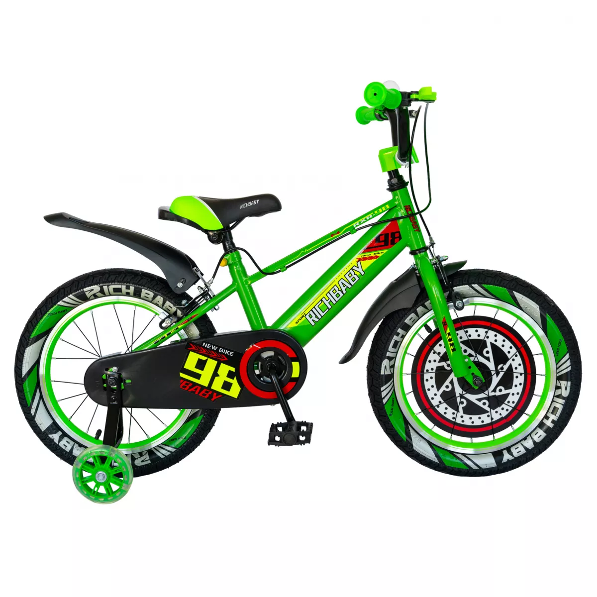 Bicicleta baieti Rich Baby R1807A, roata 18", C-Brake otel, roti ajutatoare cu LED, 5-7 ani, verde/negru  
