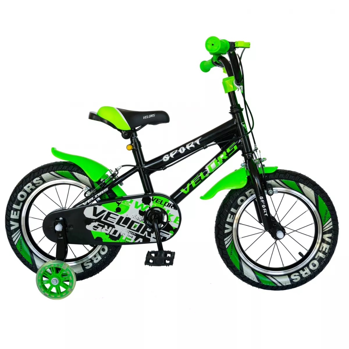 Bicicleta baieti VELORS V1401A, roata 14", C-Brake, roti ajutatoare LED, 3-5 ani, negru/verde