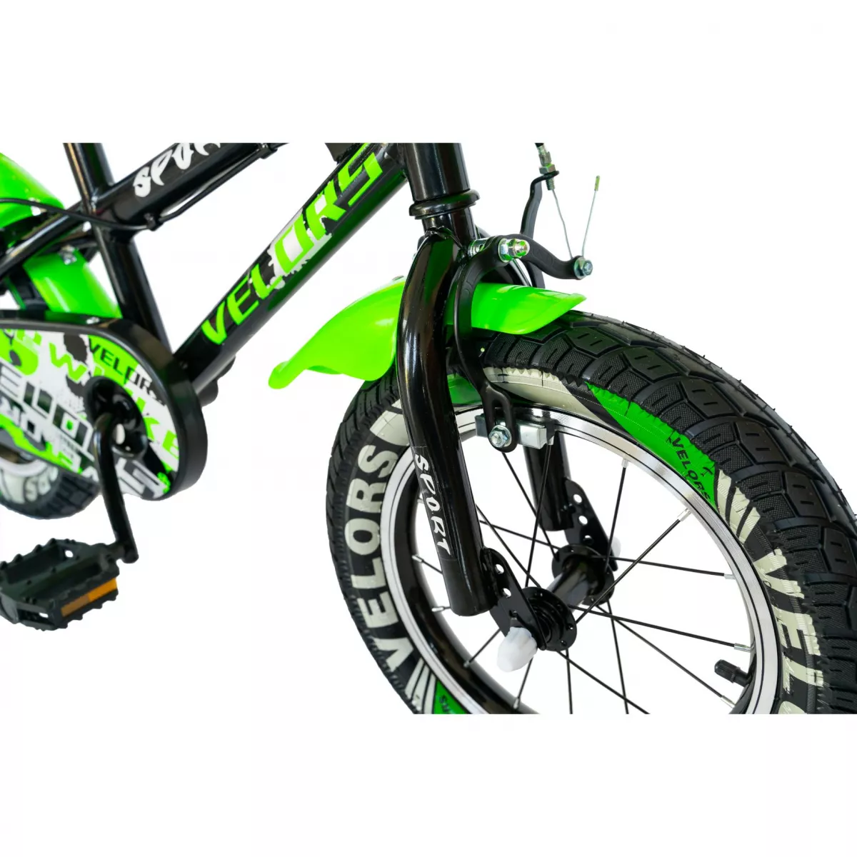 Bicicleta baieti VELORS V1401A, roata 14", C-Brake, roti ajutatoare LED, 3-5 ani, negru/verde